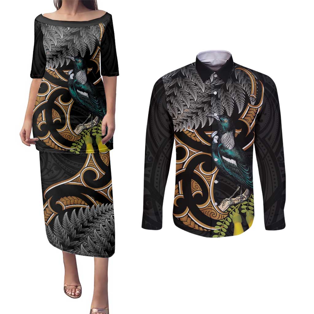 Aotearoa Kowhai Tui Bird Couples Matching Puletasi and Long Sleeve Button Shirt Maori Ngaru With Silver Fern LT14 Black - Polynesian Pride