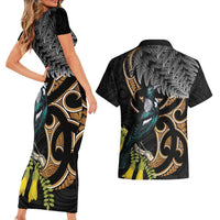 Aotearoa Kowhai Tui Bird Couples Matching Short Sleeve Bodycon Dress and Hawaiian Shirt Maori Ngaru With Silver Fern LT14 - Polynesian Pride