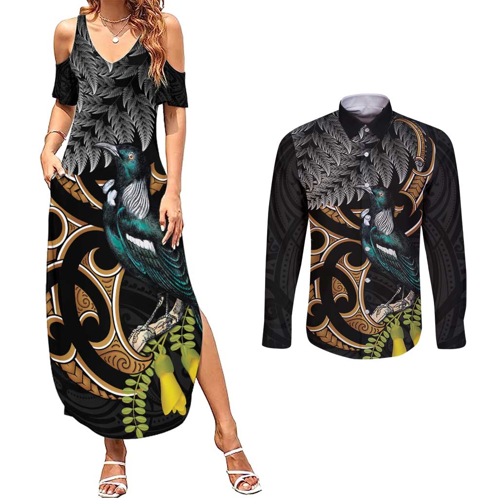 Aotearoa Kowhai Tui Bird Couples Matching Summer Maxi Dress and Long Sleeve Button Shirt Maori Ngaru With Silver Fern LT14 Black - Polynesian Pride
