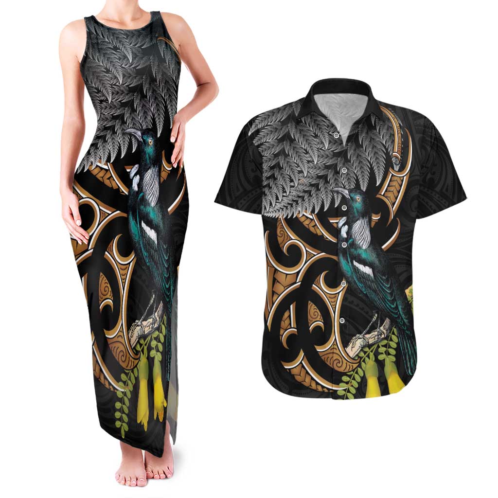 Aotearoa Kowhai Tui Bird Couples Matching Tank Maxi Dress and Hawaiian Shirt Maori Ngaru With Silver Fern LT14 Black - Polynesian Pride