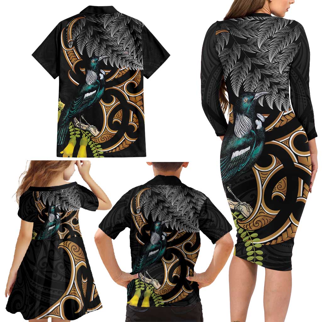 Aotearoa Kowhai Tui Bird Family Matching Long Sleeve Bodycon Dress and Hawaiian Shirt Maori Ngaru With Silver Fern LT14 - Polynesian Pride