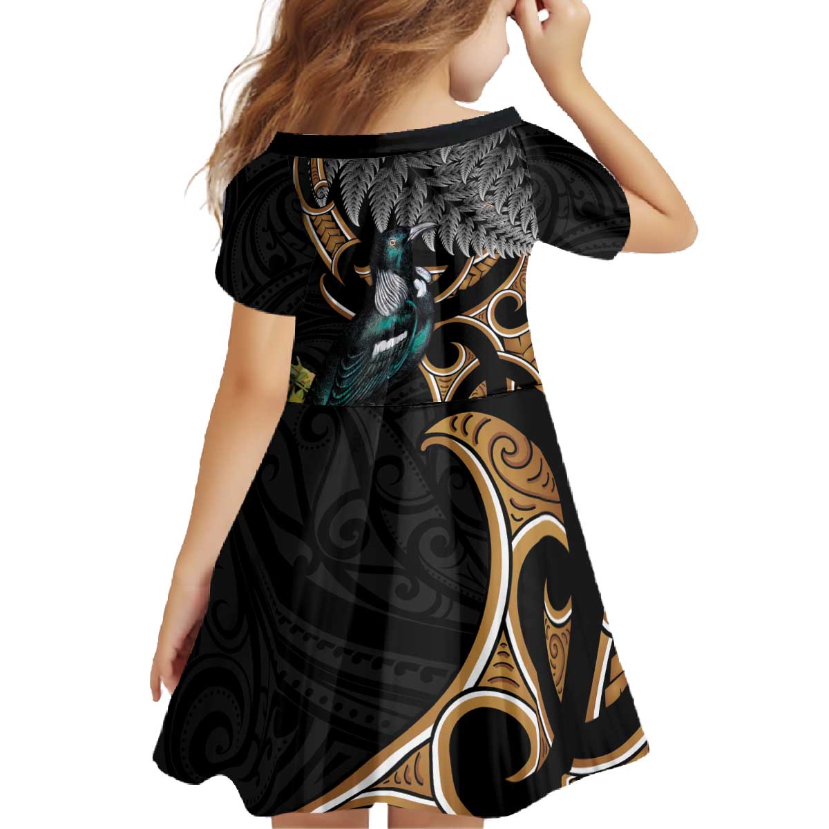 Aotearoa Kowhai Tui Bird Family Matching Off The Shoulder Long Sleeve Dress and Hawaiian Shirt Maori Ngaru With Silver Fern LT14 - Polynesian Pride