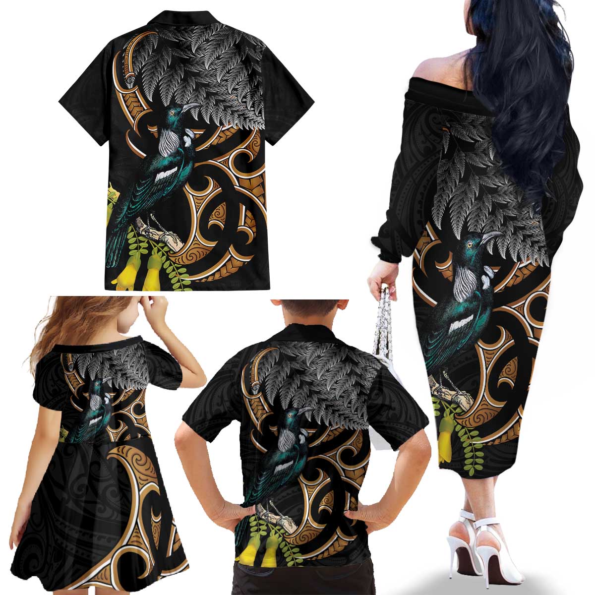 Aotearoa Kowhai Tui Bird Family Matching Off The Shoulder Long Sleeve Dress and Hawaiian Shirt Maori Ngaru With Silver Fern LT14 - Polynesian Pride