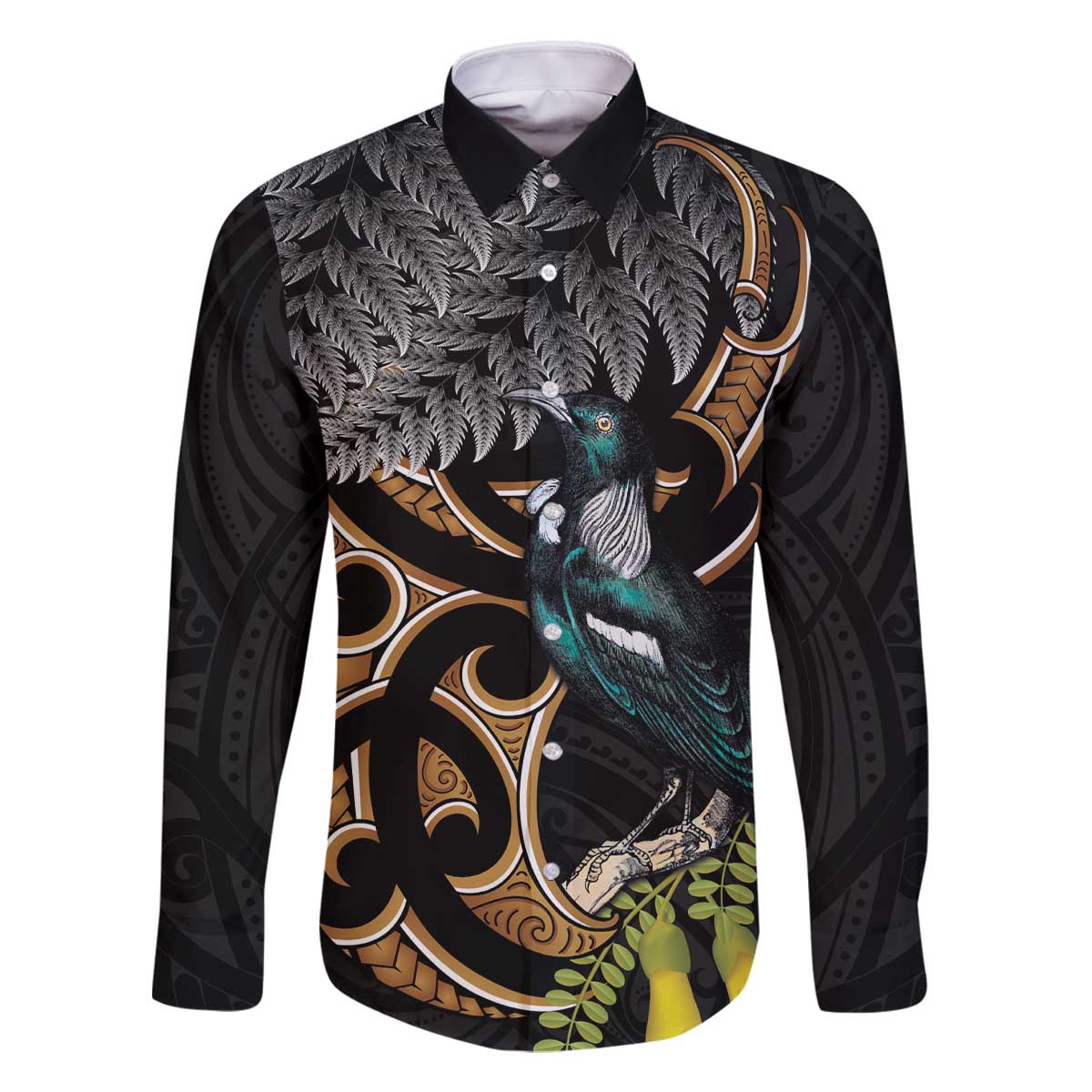 Aotearoa Kowhai Tui Bird Family Matching Off The Shoulder Long Sleeve Dress and Hawaiian Shirt Maori Ngaru With Silver Fern LT14 Dad's Shirt - Long Sleeve Black - Polynesian Pride
