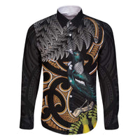 Aotearoa Kowhai Tui Bird Family Matching Off The Shoulder Long Sleeve Dress and Hawaiian Shirt Maori Ngaru With Silver Fern LT14 Dad's Shirt - Long Sleeve Black - Polynesian Pride