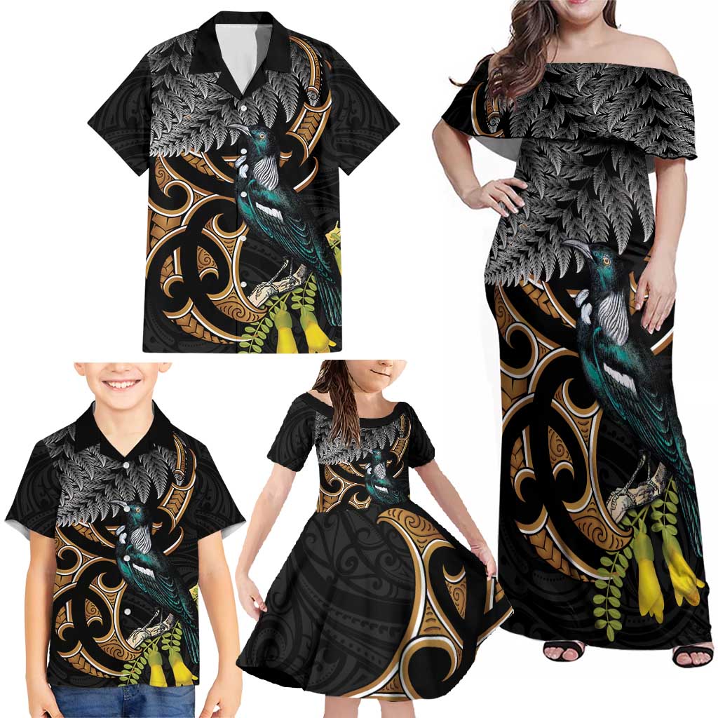 Aotearoa Kowhai Tui Bird Family Matching Off Shoulder Maxi Dress and Hawaiian Shirt Maori Ngaru With Silver Fern LT14 - Polynesian Pride