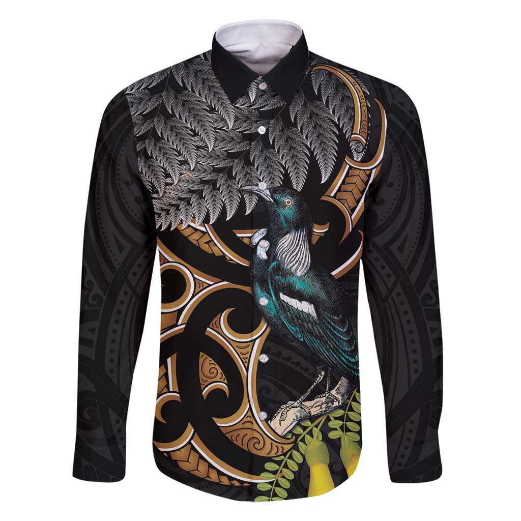 Aotearoa Kowhai Tui Bird Family Matching Off Shoulder Maxi Dress and Hawaiian Shirt Maori Ngaru With Silver Fern LT14 Dad's Shirt - Long Sleeve Black - Polynesian Pride