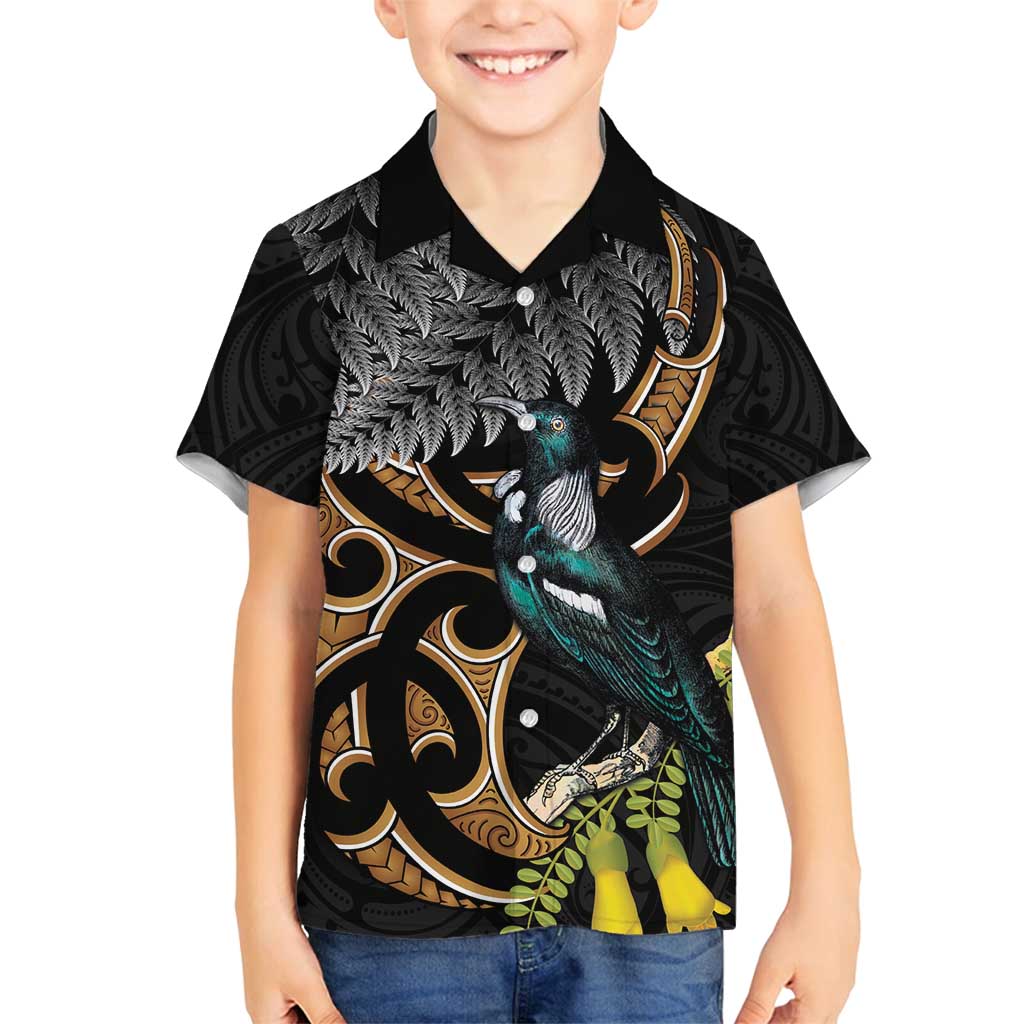 Aotearoa Kowhai Tui Bird Family Matching Off Shoulder Maxi Dress and Hawaiian Shirt Maori Ngaru With Silver Fern LT14 Son's Shirt Black - Polynesian Pride