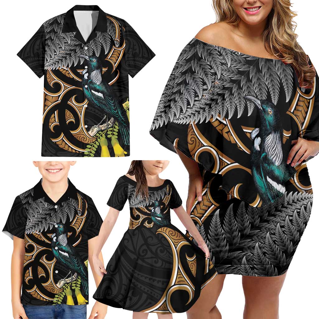 Aotearoa Kowhai Tui Bird Family Matching Off Shoulder Short Dress and Hawaiian Shirt Maori Ngaru With Silver Fern LT14 - Polynesian Pride