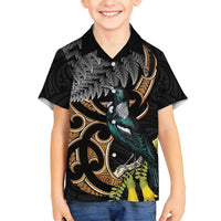 Aotearoa Kowhai Tui Bird Family Matching Off Shoulder Short Dress and Hawaiian Shirt Maori Ngaru With Silver Fern LT14 Son's Shirt Black - Polynesian Pride