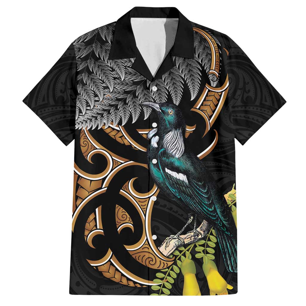 Aotearoa Kowhai Tui Bird Family Matching Puletasi and Hawaiian Shirt Maori Ngaru With Silver Fern LT14 Dad's Shirt - Short Sleeve Black - Polynesian Pride