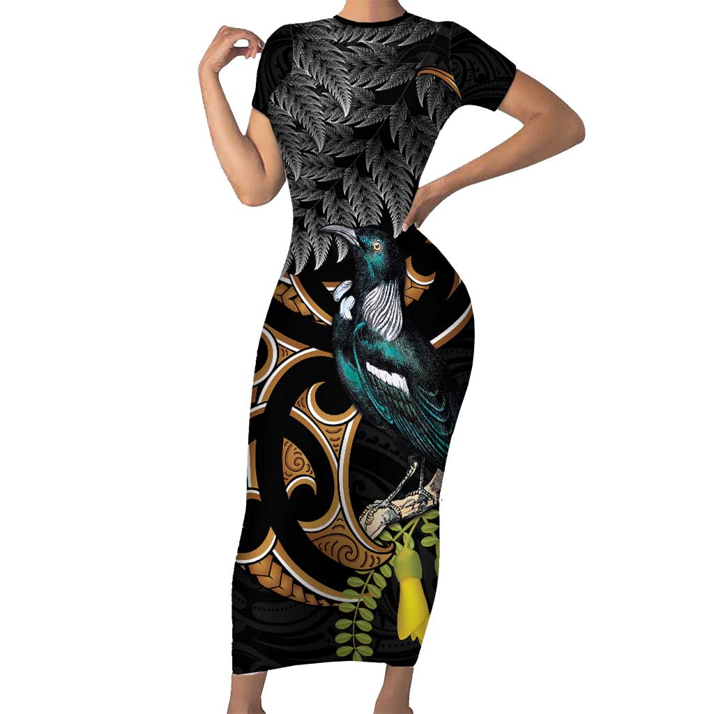 Aotearoa Kowhai Tui Bird Family Matching Short Sleeve Bodycon Dress and Hawaiian Shirt Maori Ngaru With Silver Fern LT14 Mom's Dress Black - Polynesian Pride