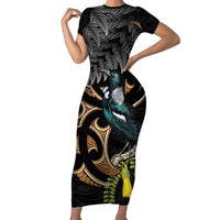 Aotearoa Kowhai Tui Bird Family Matching Short Sleeve Bodycon Dress and Hawaiian Shirt Maori Ngaru With Silver Fern LT14 Mom's Dress Black - Polynesian Pride