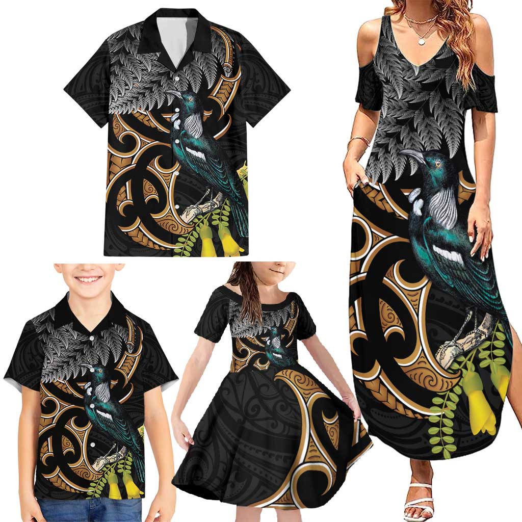 Aotearoa Kowhai Tui Bird Family Matching Summer Maxi Dress and Hawaiian Shirt Maori Ngaru With Silver Fern LT14 - Polynesian Pride