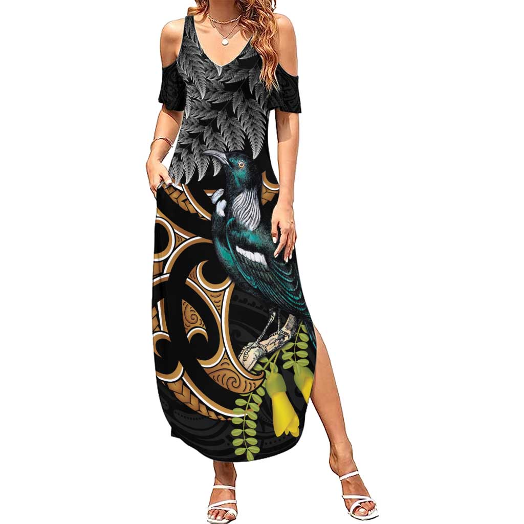 Aotearoa Kowhai Tui Bird Family Matching Summer Maxi Dress and Hawaiian Shirt Maori Ngaru With Silver Fern LT14 Mom's Dress Black - Polynesian Pride