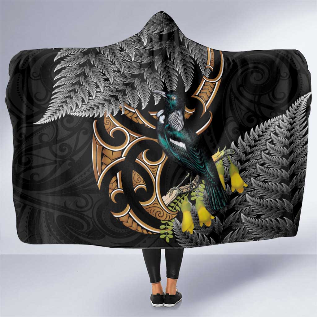 Aotearoa Kowhai Tui Bird Hooded Blanket Maori Ngaru With Silver Fern LT14 One Size Black - Polynesian Pride