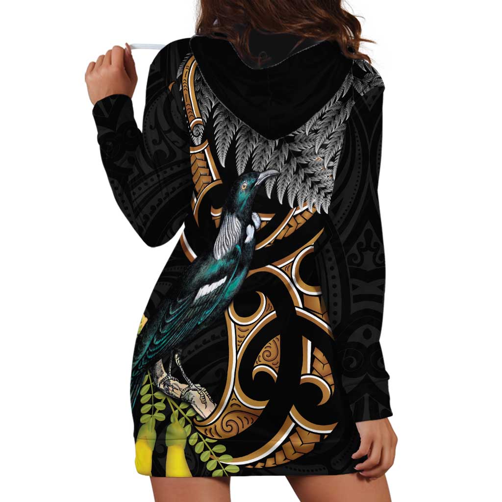 Aotearoa Kowhai Tui Bird Hoodie Dress Maori Ngaru With Silver Fern LT14 - Polynesian Pride