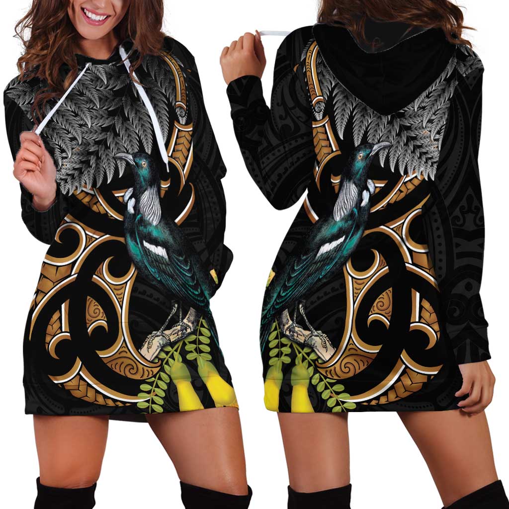 Aotearoa Kowhai Tui Bird Hoodie Dress Maori Ngaru With Silver Fern LT14 - Polynesian Pride