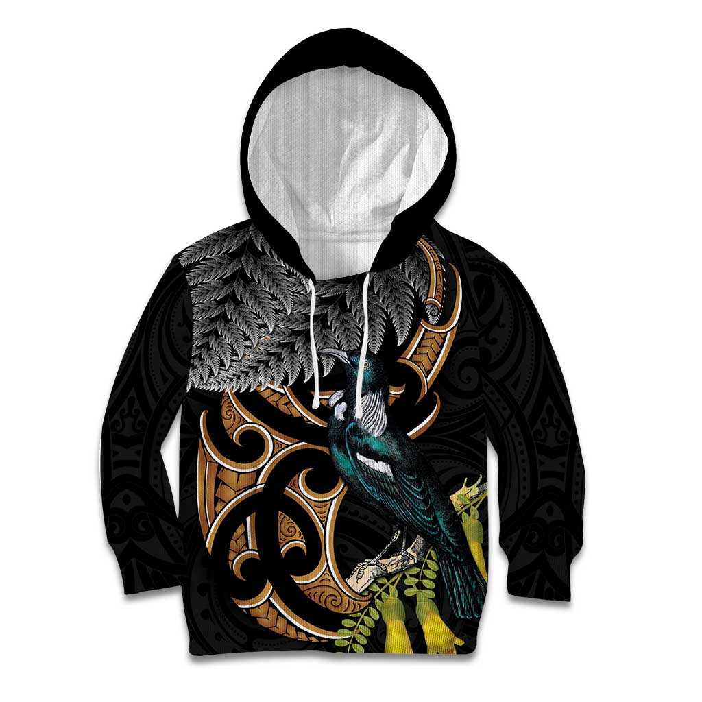 Aotearoa Kowhai Tui Bird Kid Hoodie Maori Ngaru With Silver Fern LT14 Hoodie Black - Polynesian Pride