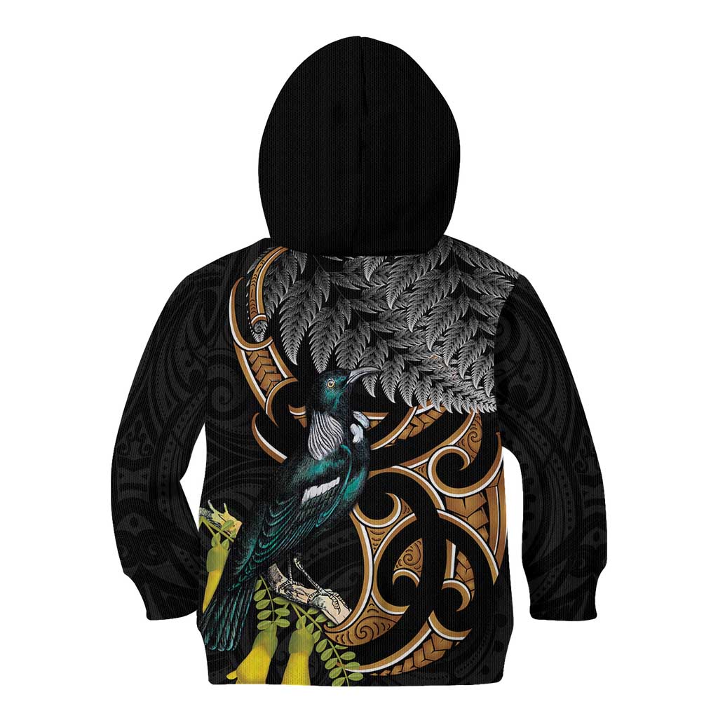 Aotearoa Kowhai Tui Bird Kid Hoodie Maori Ngaru With Silver Fern LT14 - Polynesian Pride