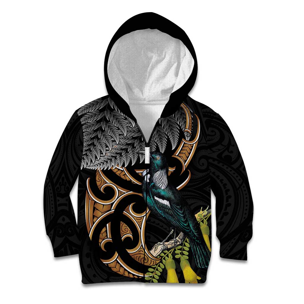 Aotearoa Kowhai Tui Bird Kid Hoodie Maori Ngaru With Silver Fern LT14 Zip Hoodie Black - Polynesian Pride