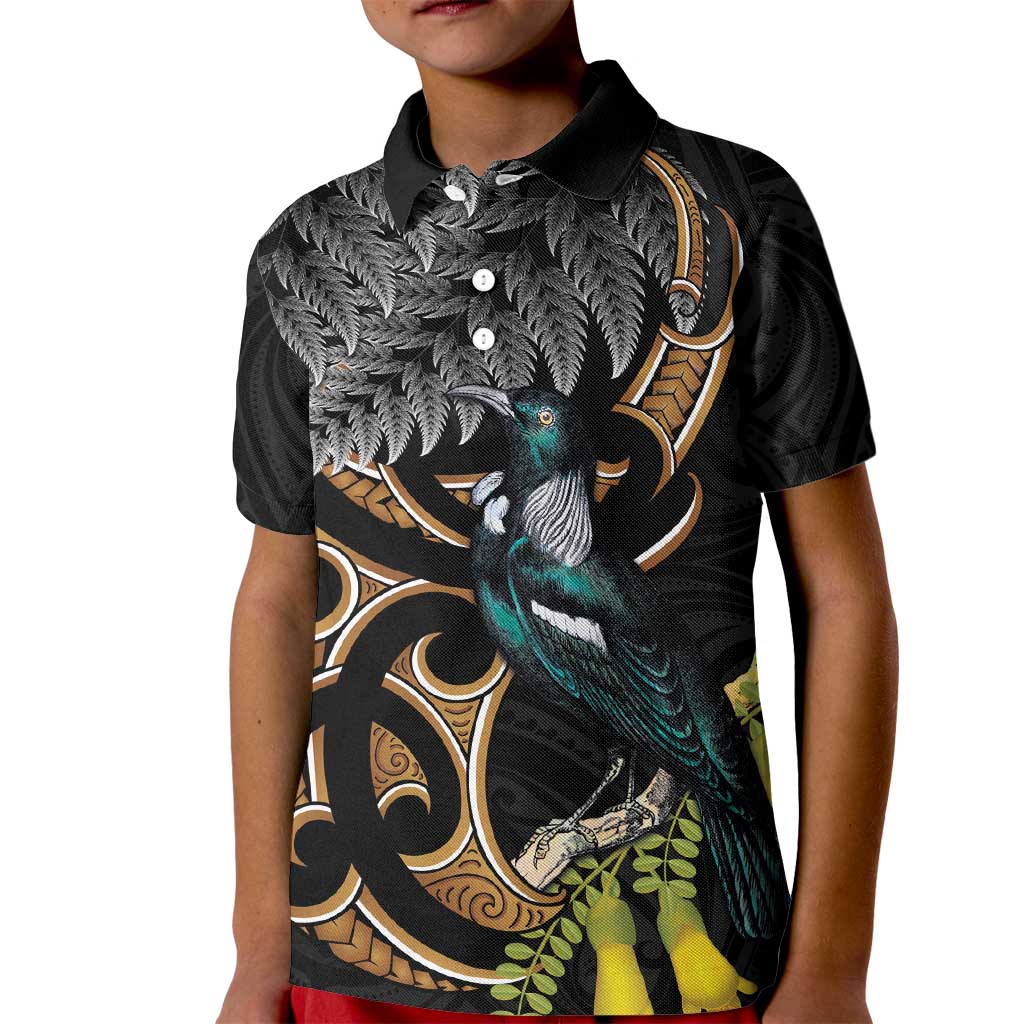 Aotearoa Kowhai Tui Bird Kid Polo Shirt Maori Ngaru With Silver Fern LT14 Kid Black - Polynesian Pride