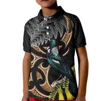 Aotearoa Kowhai Tui Bird Kid Polo Shirt Maori Ngaru With Silver Fern LT14 Kid Black - Polynesian Pride