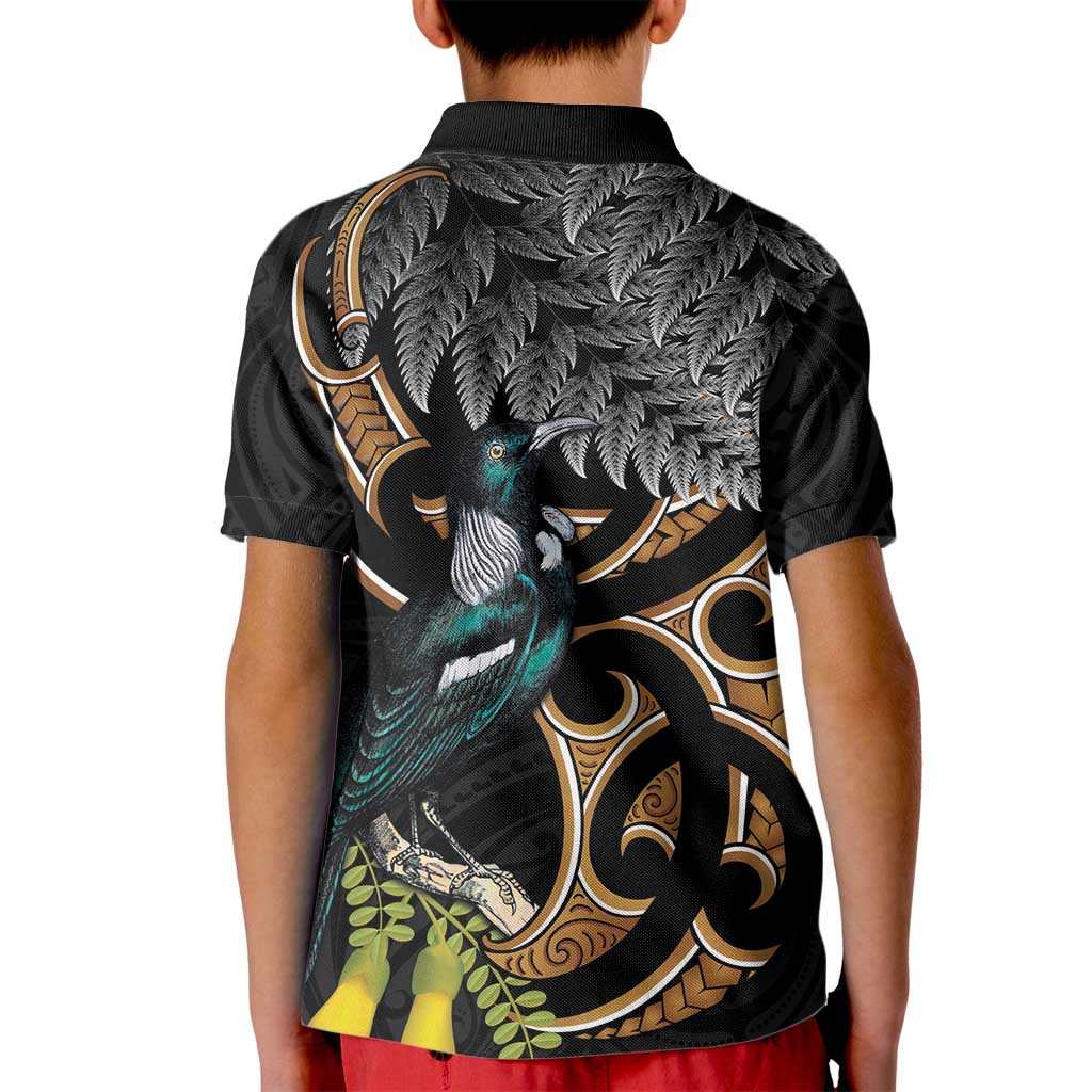 Aotearoa Kowhai Tui Bird Kid Polo Shirt Maori Ngaru With Silver Fern LT14 - Polynesian Pride