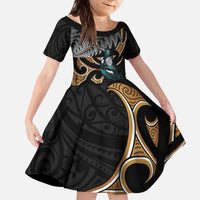 Aotearoa Kowhai Tui Bird Kid Short Sleeve Dress Maori Ngaru With Silver Fern LT14 KID Black - Polynesian Pride