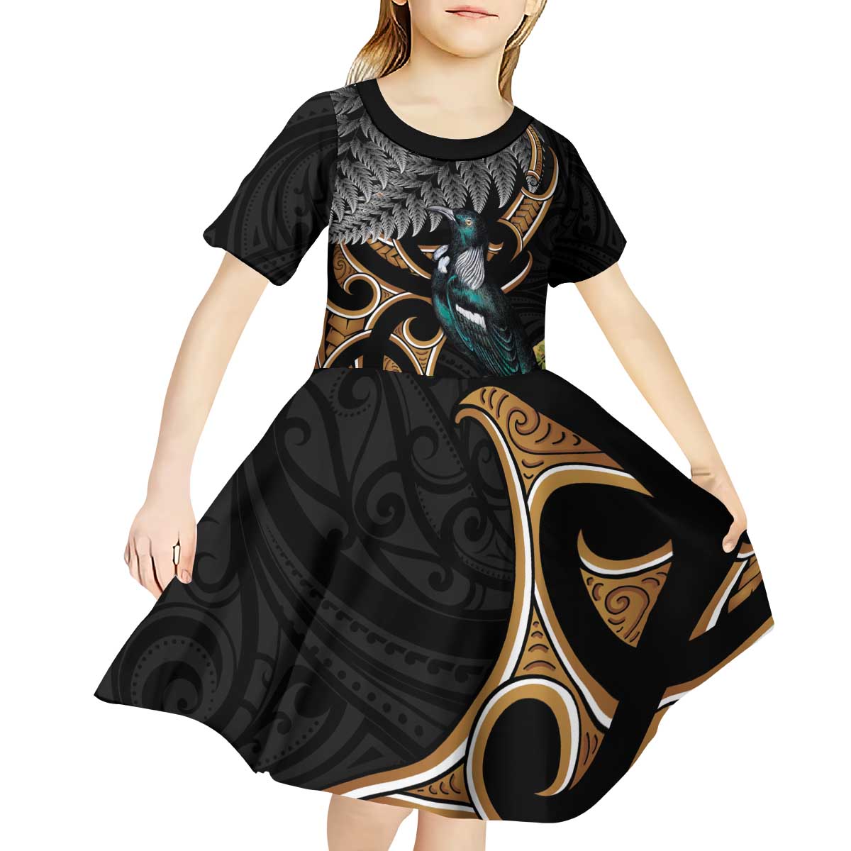 Aotearoa Kowhai Tui Bird Kid Short Sleeve Dress Maori Ngaru With Silver Fern LT14 - Polynesian Pride