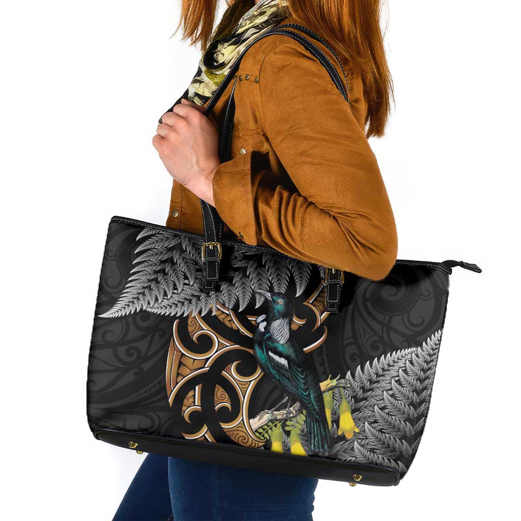 Aotearoa Kowhai Tui Bird Leather Tote Bag Maori Ngaru With Silver Fern LT14 Black - Polynesian Pride