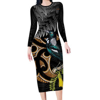 Aotearoa Kowhai Tui Bird Long Sleeve Bodycon Dress Maori Ngaru With Silver Fern LT14 Long Dress Black - Polynesian Pride