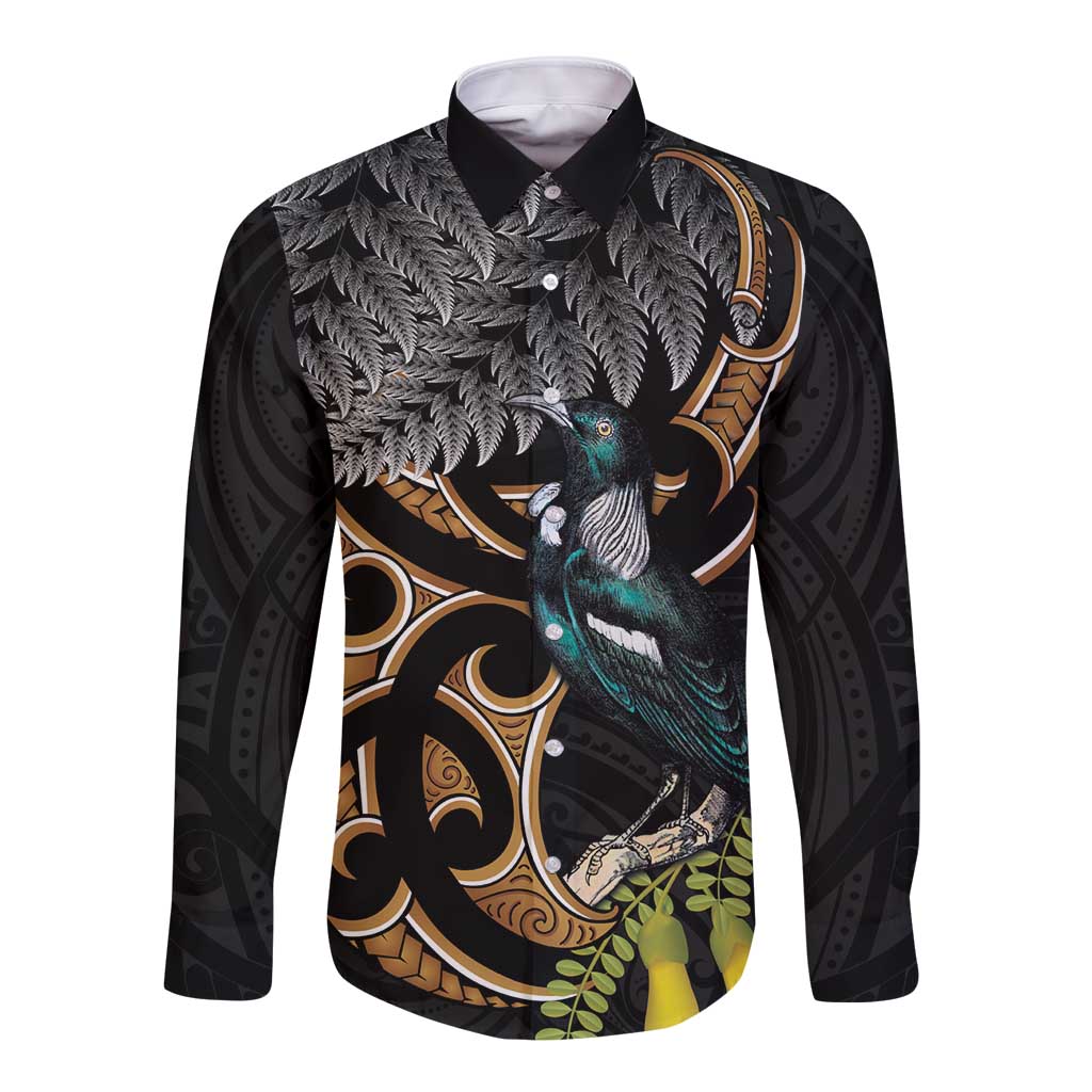 Aotearoa Kowhai Tui Bird Long Sleeve Button Shirt Maori Ngaru With Silver Fern LT14 Unisex Black - Polynesian Pride