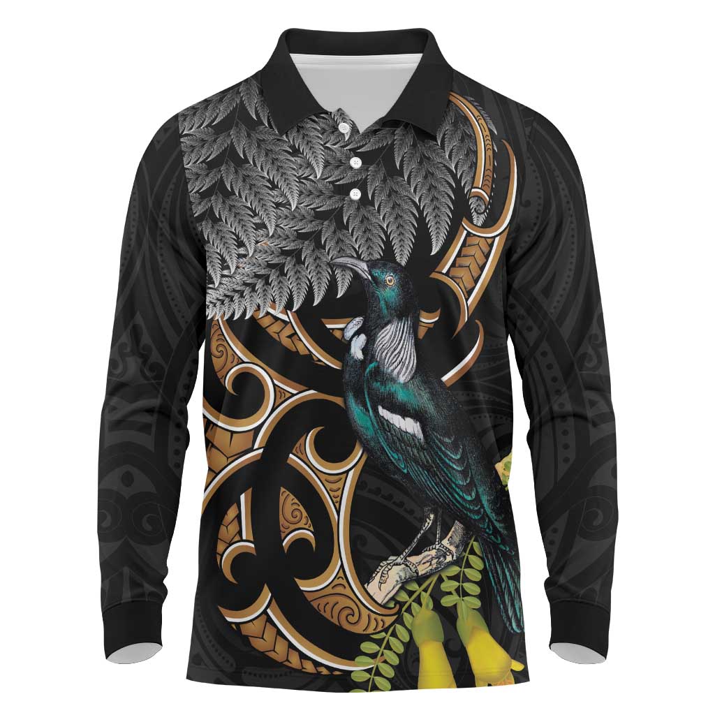 Aotearoa Kowhai Tui Bird Long Sleeve Polo Shirt Maori Ngaru With Silver Fern LT14 Black - Polynesian Pride