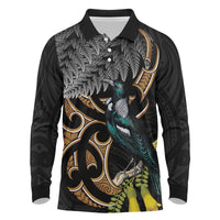 Aotearoa Kowhai Tui Bird Long Sleeve Polo Shirt Maori Ngaru With Silver Fern LT14 Black - Polynesian Pride