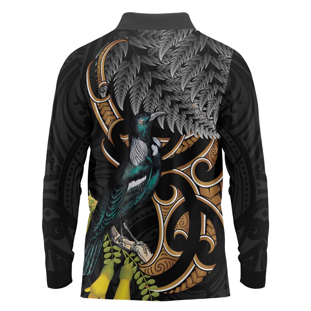 Aotearoa Kowhai Tui Bird Long Sleeve Polo Shirt Maori Ngaru With Silver Fern LT14 - Polynesian Pride