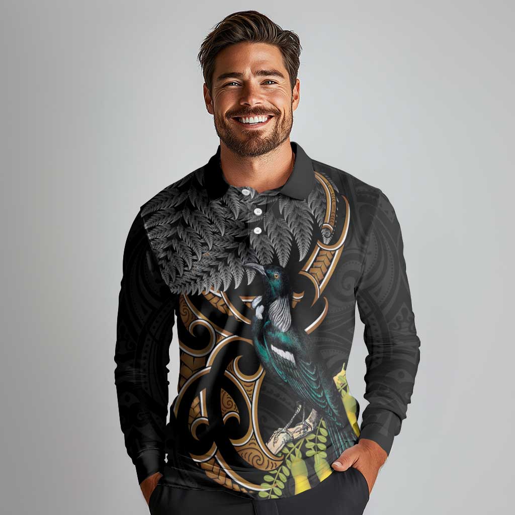 Aotearoa Kowhai Tui Bird Long Sleeve Polo Shirt Maori Ngaru With Silver Fern LT14 - Polynesian Pride