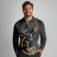 Aotearoa Kowhai Tui Bird Long Sleeve Polo Shirt Maori Ngaru With Silver Fern LT14 - Polynesian Pride