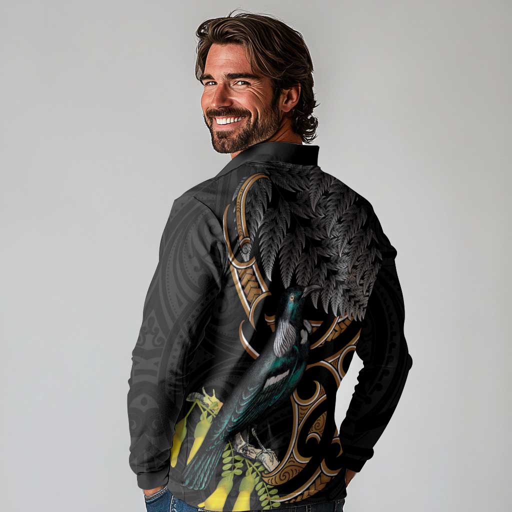 Aotearoa Kowhai Tui Bird Long Sleeve Polo Shirt Maori Ngaru With Silver Fern LT14 - Polynesian Pride