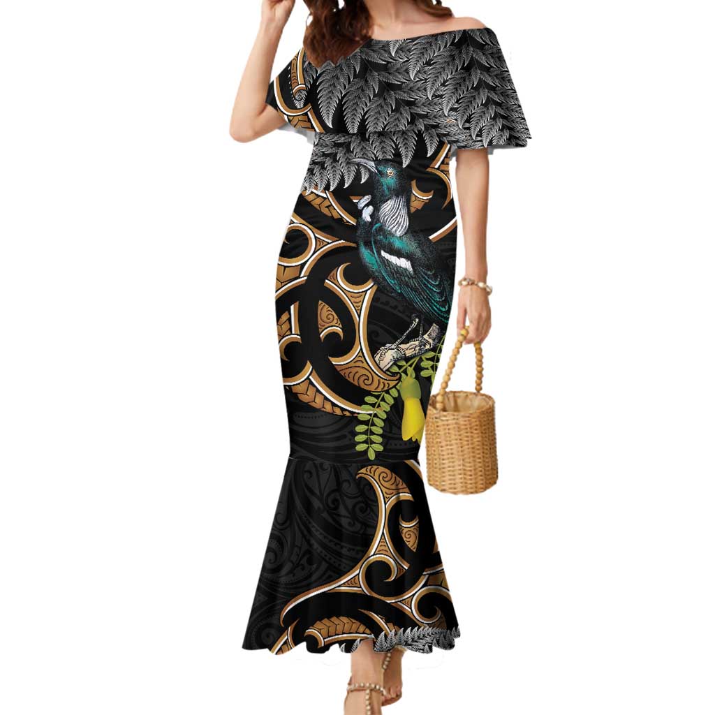 Aotearoa Kowhai Tui Bird Mermaid Dress Maori Ngaru With Silver Fern LT14 Women Black - Polynesian Pride