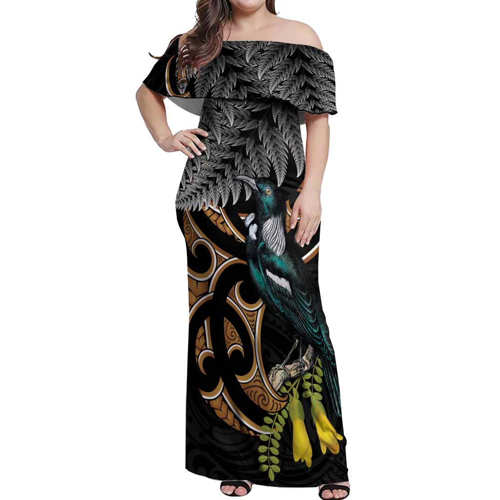 Aotearoa Kowhai Tui Bird Off Shoulder Maxi Dress Maori Ngaru With Silver Fern LT14 Women Black - Polynesian Pride