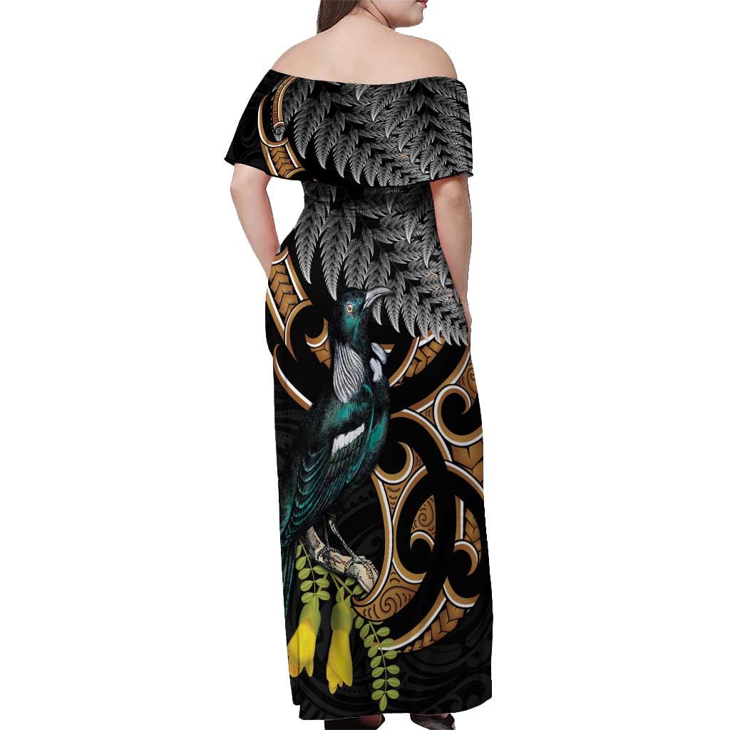 Aotearoa Kowhai Tui Bird Off Shoulder Maxi Dress Maori Ngaru With Silver Fern LT14 - Polynesian Pride
