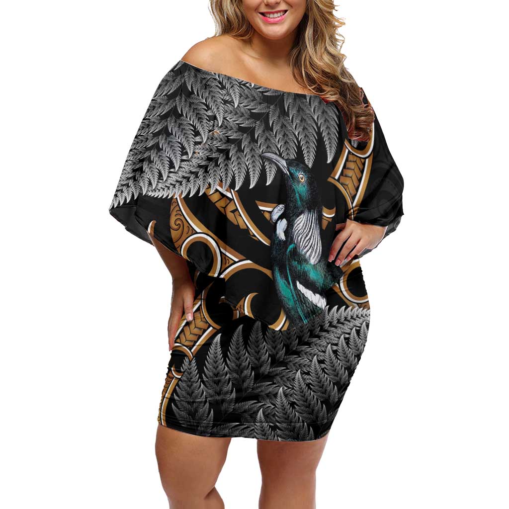 Aotearoa Kowhai Tui Bird Off Shoulder Short Dress Maori Ngaru With Silver Fern LT14 Women Black - Polynesian Pride