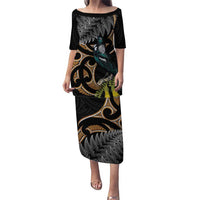 Aotearoa Kowhai Tui Bird Puletasi Maori Ngaru With Silver Fern LT14 Long Dress Black - Polynesian Pride
