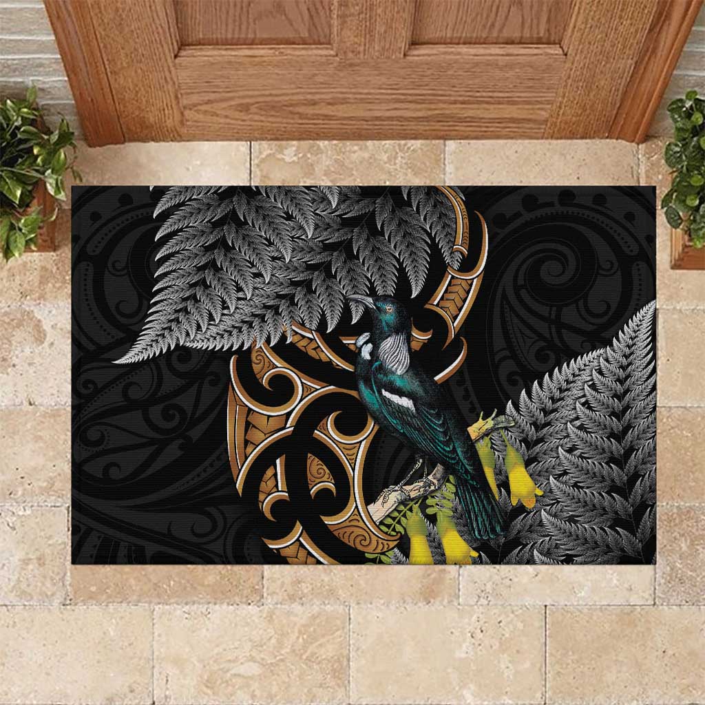 Aotearoa Kowhai Tui Bird Rubber Doormat Maori Ngaru With Silver Fern LT14 Black - Polynesian Pride