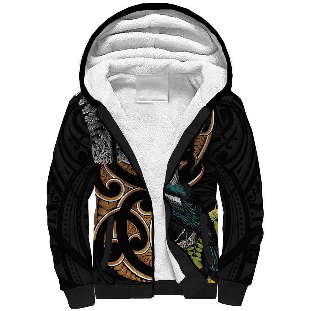 Aotearoa Kowhai Tui Bird Sherpa Hoodie Maori Ngaru With Silver Fern LT14 Unisex Black - Polynesian Pride
