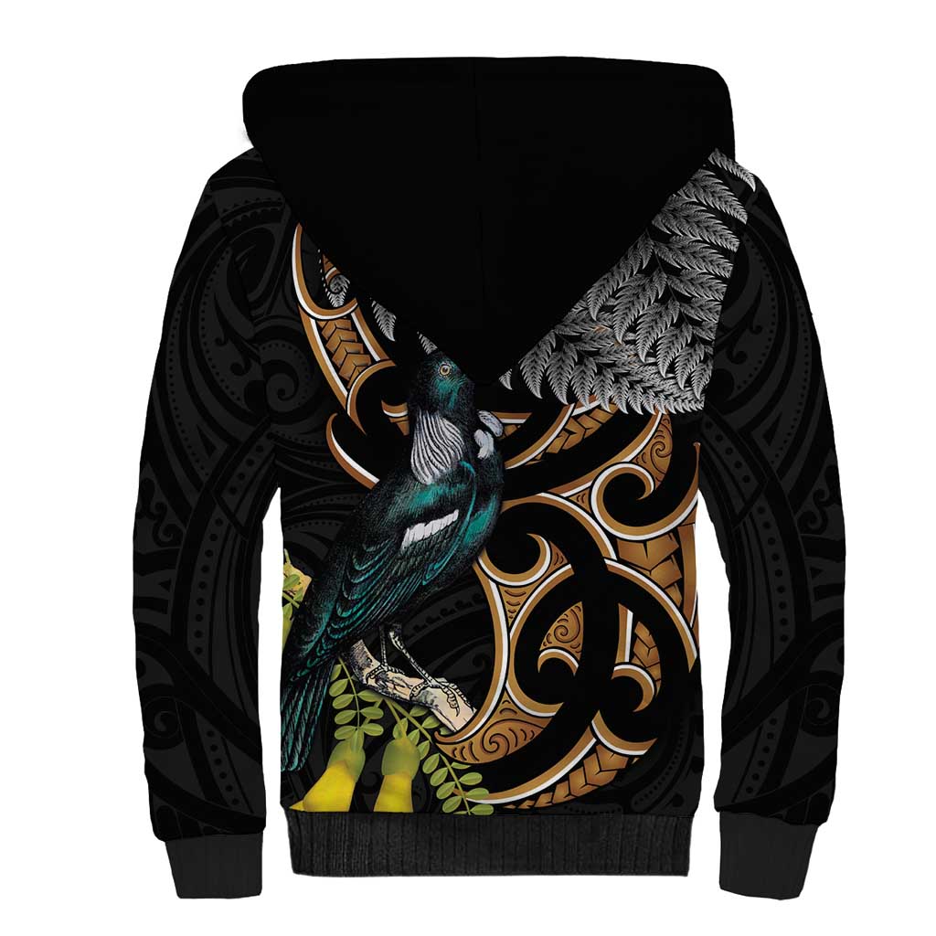 Aotearoa Kowhai Tui Bird Sherpa Hoodie Maori Ngaru With Silver Fern LT14 - Polynesian Pride