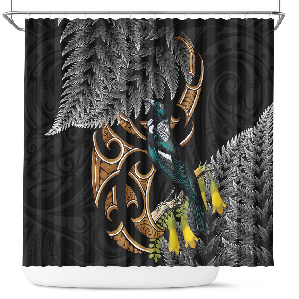 Aotearoa Kowhai Tui Bird Shower Curtain Maori Ngaru With Silver Fern LT14 Black - Polynesian Pride