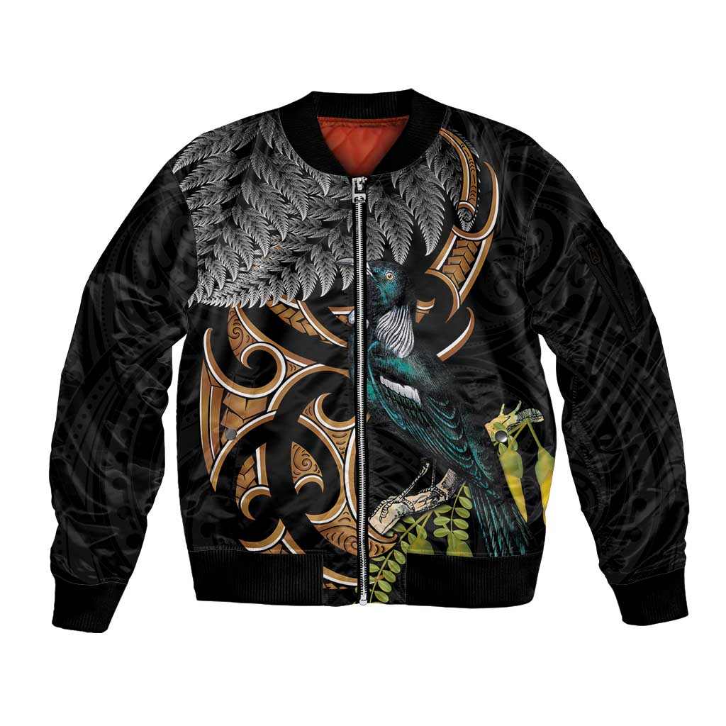 Aotearoa Kowhai Tui Bird Sleeve Zip Bomber Jacket Maori Ngaru With Silver Fern LT14 Unisex Black - Polynesian Pride