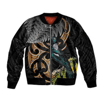 Aotearoa Kowhai Tui Bird Sleeve Zip Bomber Jacket Maori Ngaru With Silver Fern LT14 Unisex Black - Polynesian Pride